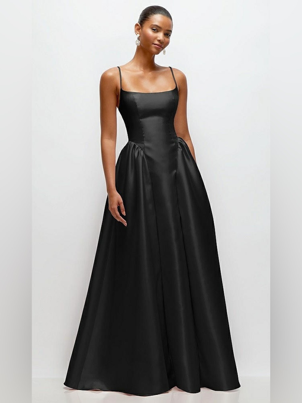 Dessy Collection Black Satin Spaghetti-Strap Maxi Gown